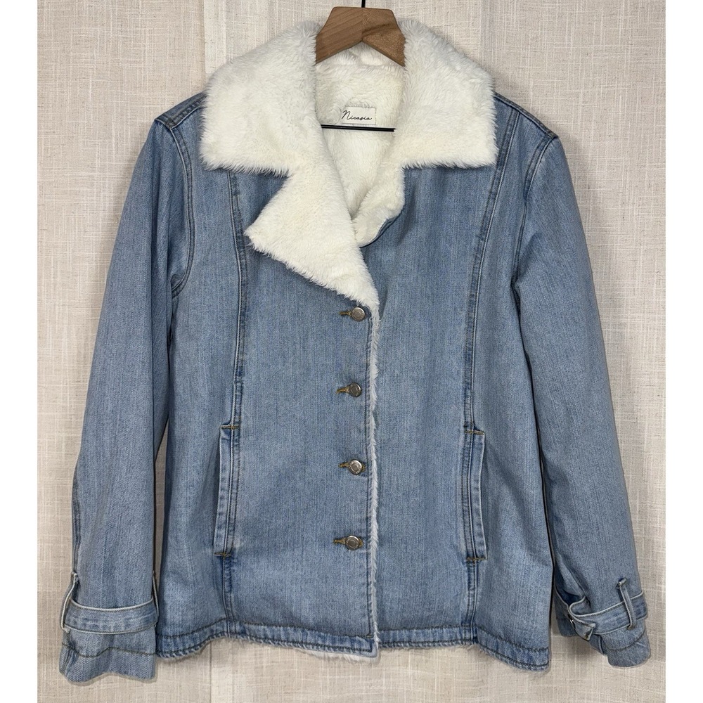 Nicasia Denim‎ w/ Fur Lining Jacket Women's Sz Large L Jean Coat Button Up NWOT